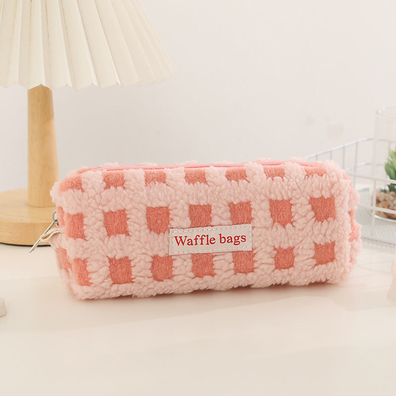Wholesale Waffle Lamb Plush Checkerboard Pencil Case